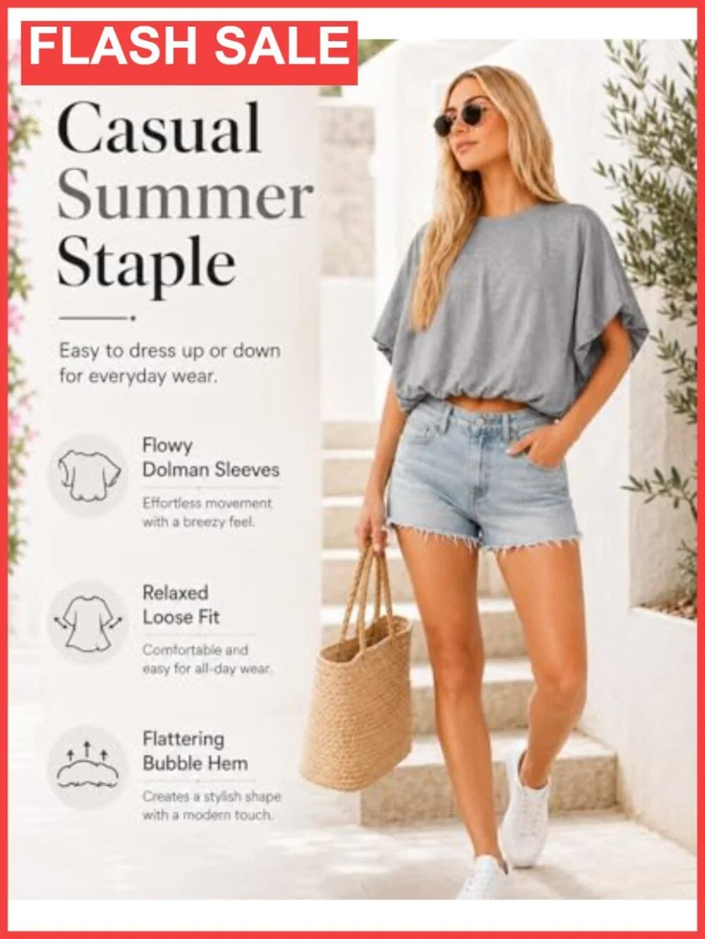 Bubble Hem Crop Top Short Sleeve Crewneck Loose Fit Casual Tee